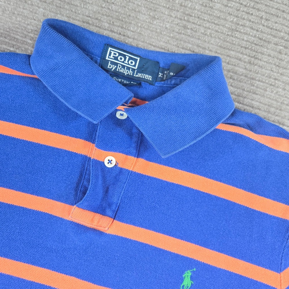 Polo Ralph Lauren Mens Medium Blue Orange Striped Custom Fit Polo Shirt